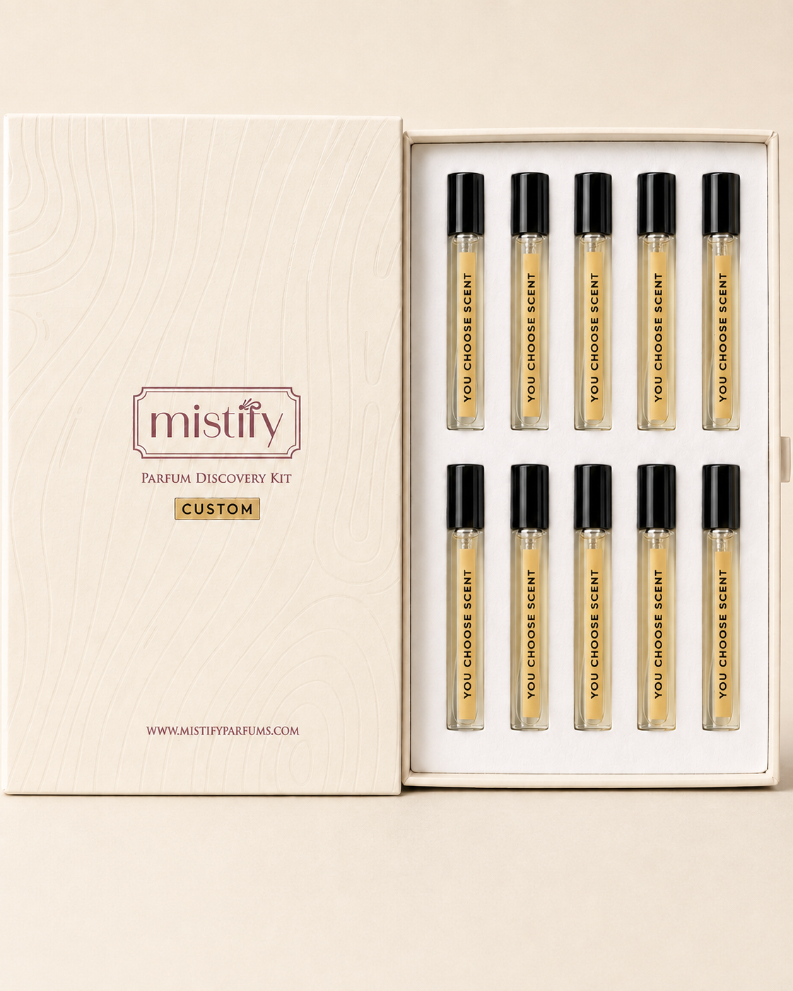 Mistify Parfums Make Your Own Discovery Kit with 10 customizable scented samples in a sleek, portable box.