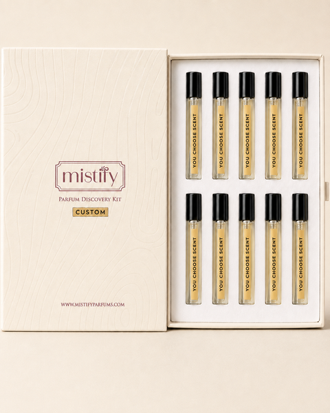 Mistify Parfums Make Your Own Discovery Kit with 10 customizable scented samples in a sleek, portable box.