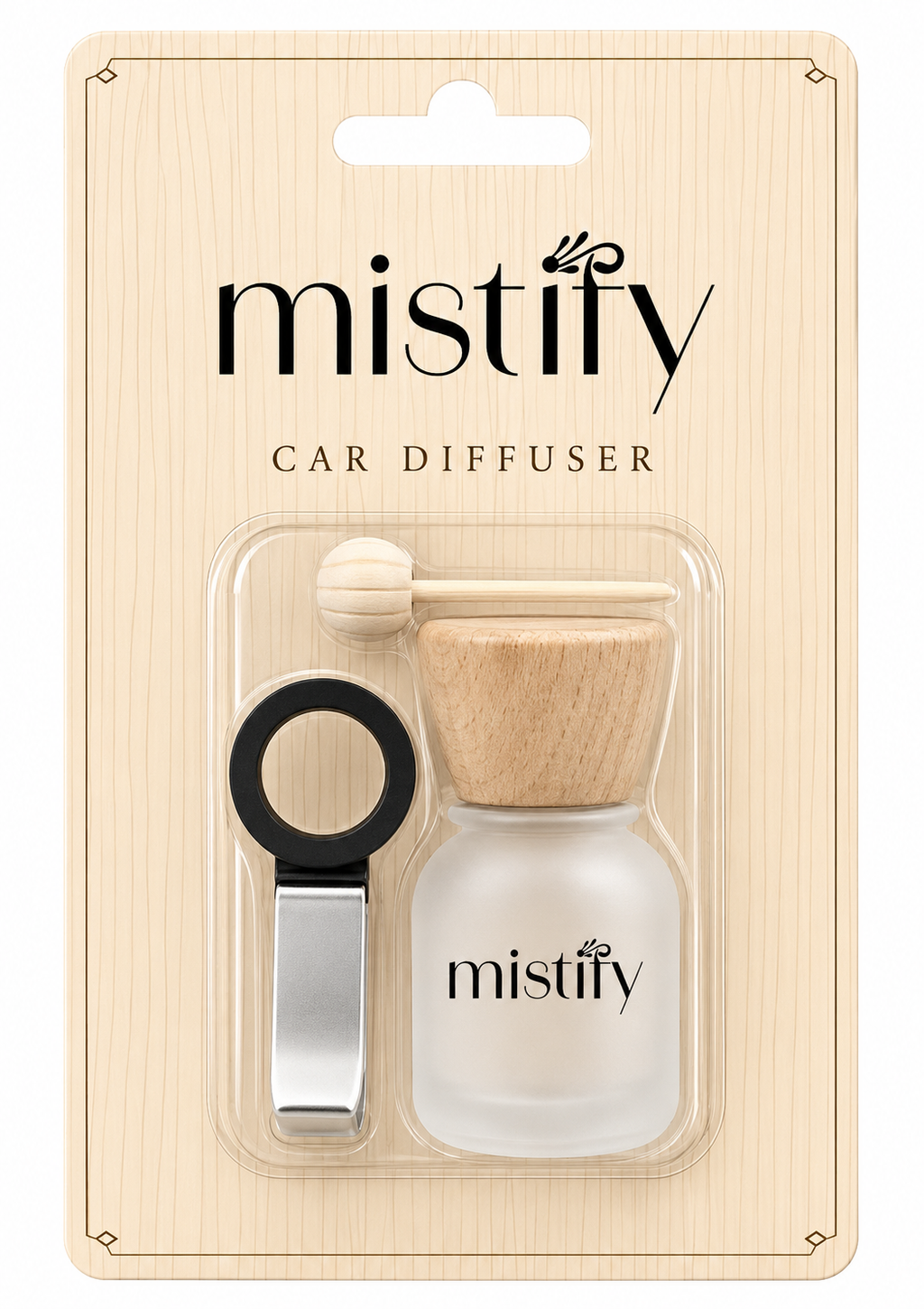 Mistify Parfums car diffuser with a sleek design, featuring a scent control dial and a transparent container for fragrant oils.