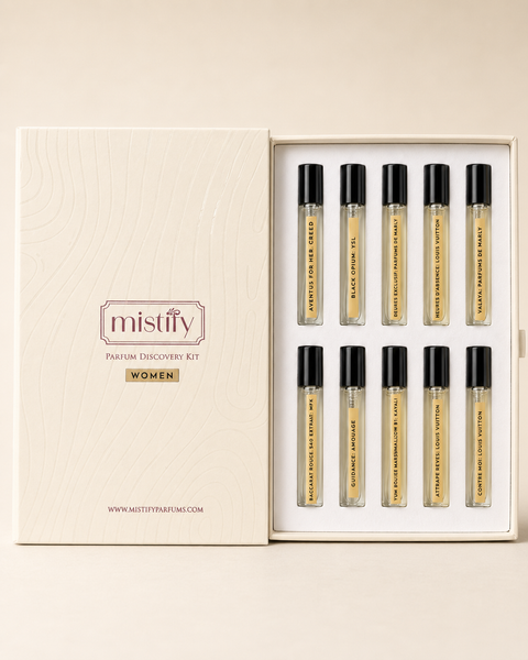 His and Hers Discovery Kit by Mistify Parfums featuring small fragrance bottles and sample cards in a sleek presentation box.