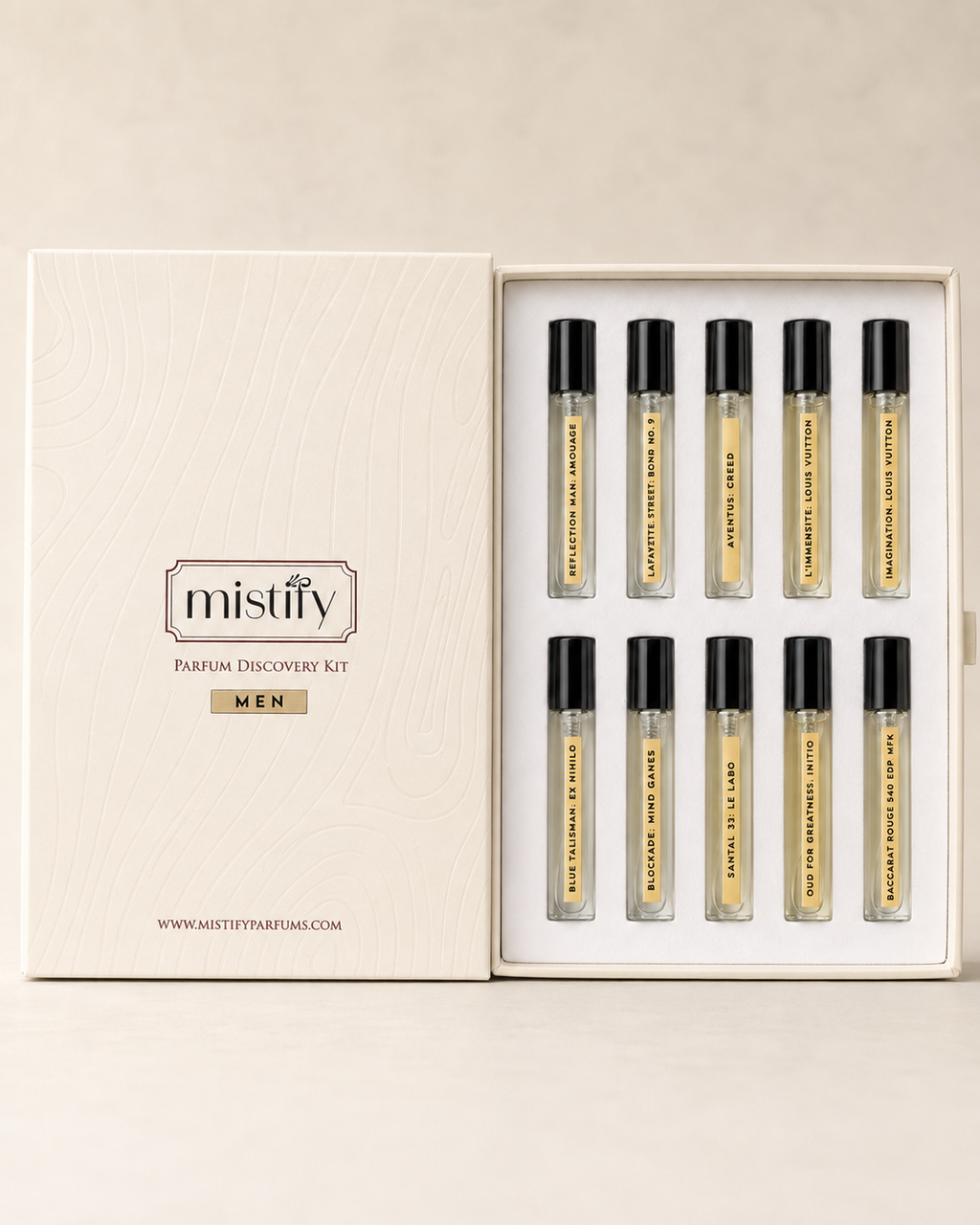 His and Hers Discovery Kit by Mistify Parfums featuring sample perfume vials and packaging for both men and women.