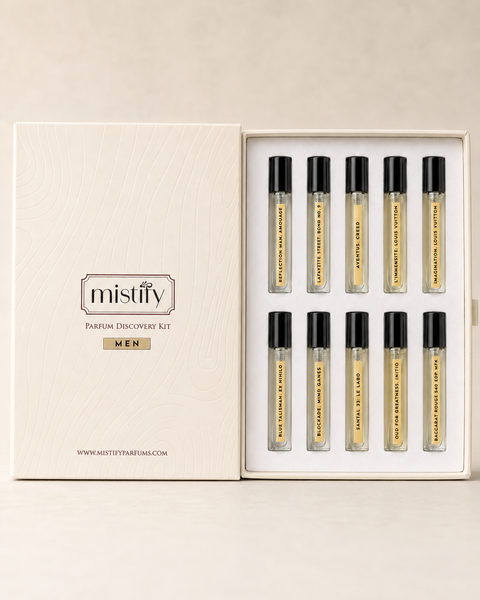 His and Hers Discovery Kit by Mistify Parfums featuring sample perfume vials and packaging for both men and women.