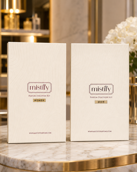 His and hers Discovery Kit by Mistify Parfums featuring small fragrance bottles and packaging in a sleek, stylish design.