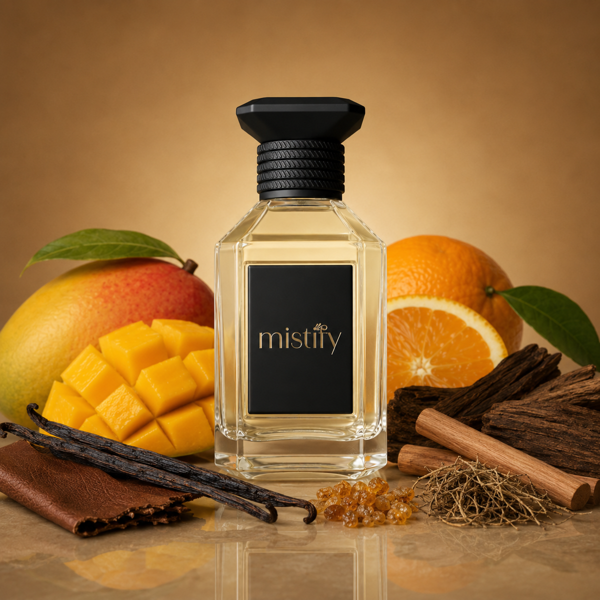 Noir Mango by BORNTOSTANDOUT: Fragrant black mango perfume bottle with sleek black packaging and elegant design.
