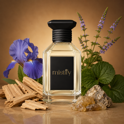 Close-up of a bottle of Inspiration Green Irish Tweed Verdant Tweed perfume with a sleek glass design and green accents.