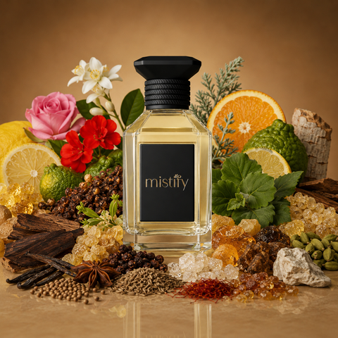 Outland Aura Inspiration: Outlands Essence de Parfum by Amouage, featuring a sleek perfume bottle with intricate design details.