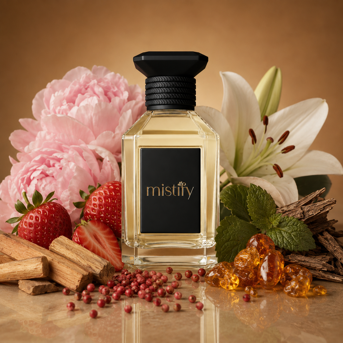 Inspiration Destin by Balmain, elegant perfume bottle with sleek design and gold accents, against a neutral background.