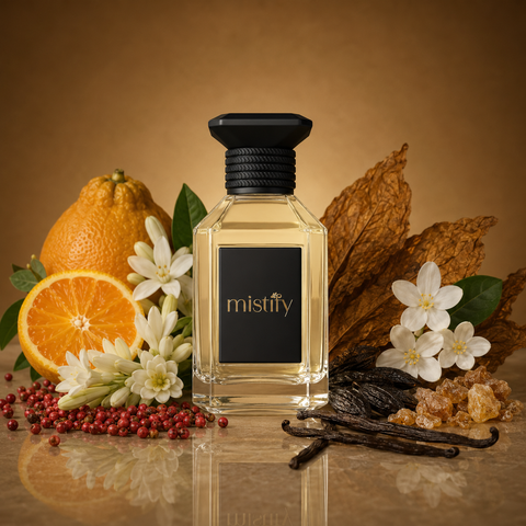 Amber Luxe perfume bottle by Inspired By: Blonde Amber by Clive Christian, elegant glass bottle with a warm amber liquid inside.