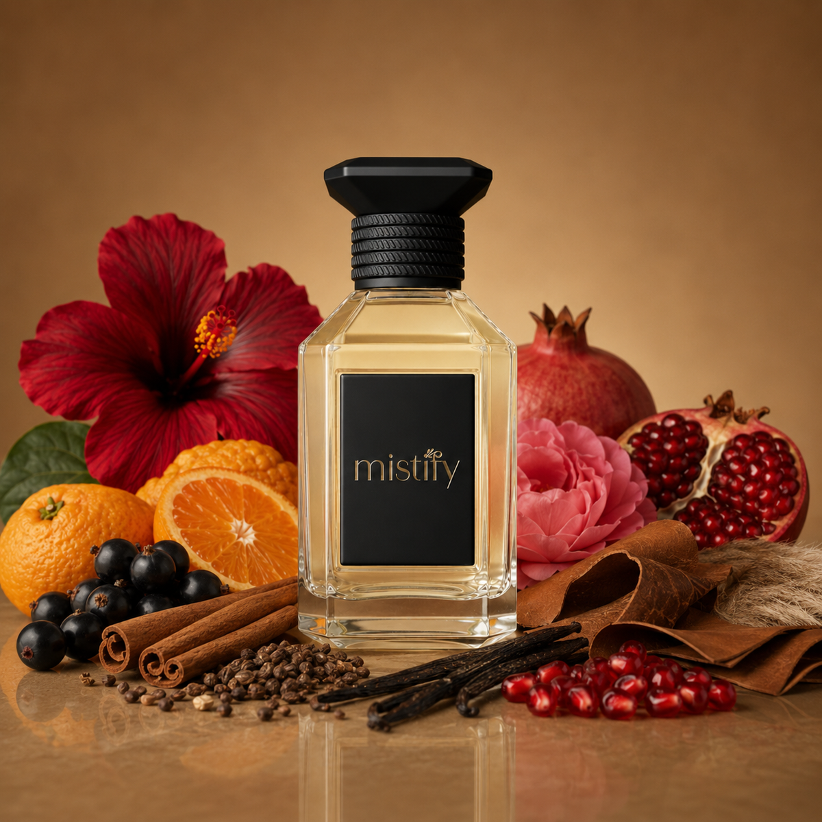Hibi‑Majesty perfume bottle by Inspiration: Hibiscus Mahajad, featuring a sleek glass design with floral accents.