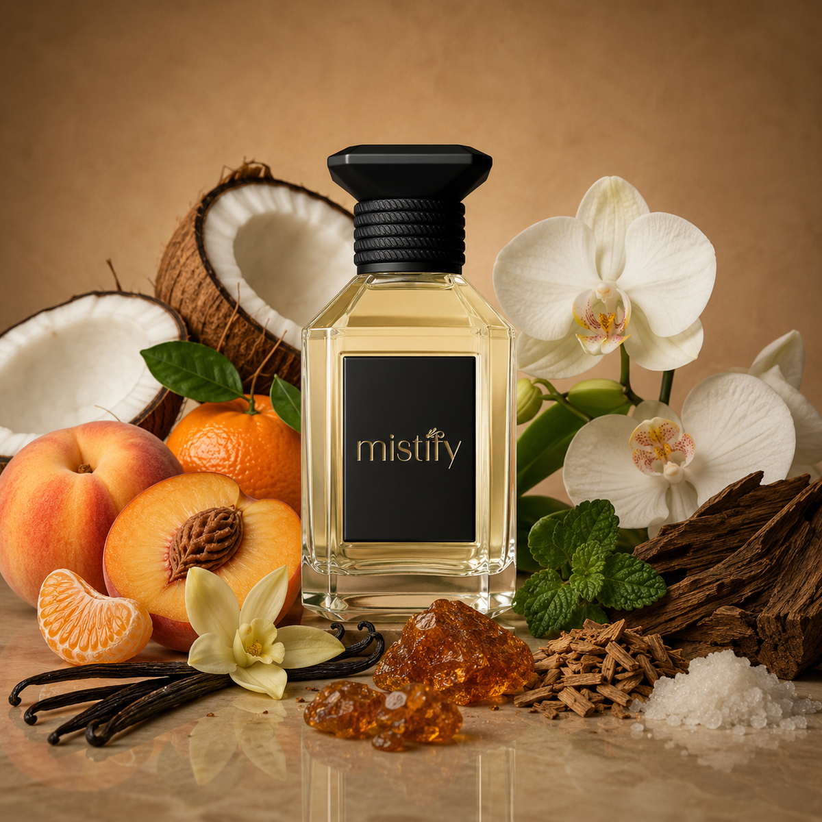 Bottle of Inspired By: Aoud Orchid by Mancera Orchid Essence perfume with floral orchid design on the label.