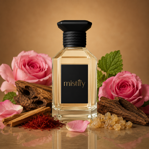 Bottle of Rosy Oud perfume by Inspired By: Rose Oud by Kilian, with a sleek, elegant design and floral fragrance details.