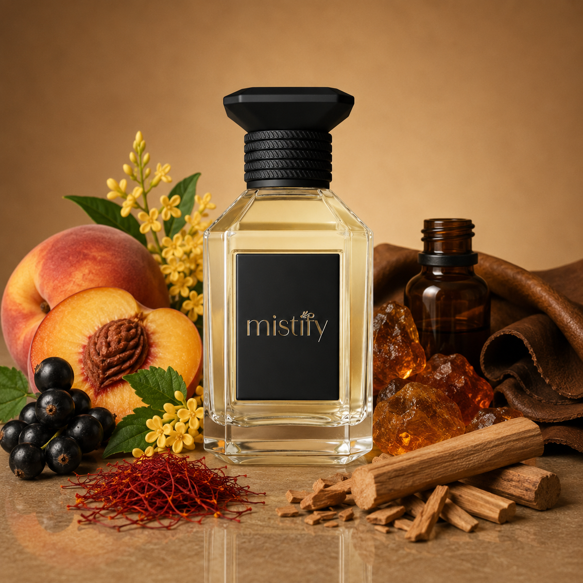 Guerlain Pêche Mirage Pêche Illusion perfume bottle with peach-colored liquid and elegant packaging.