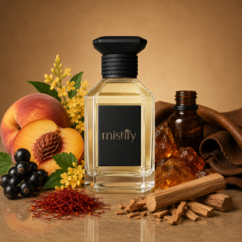 Guerlain Pêche Mirage Pêche Illusion perfume bottle with peach-colored liquid and elegant packaging.