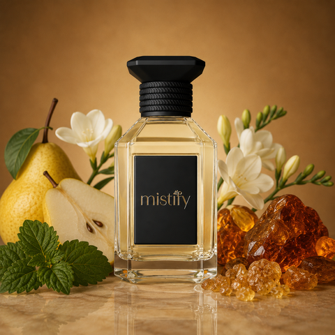 Pear Fresia perfume bottle from Inspired By: English Pear & Freesia by Jo Malone, featuring a sleek glass design with a pear-shaped cap.