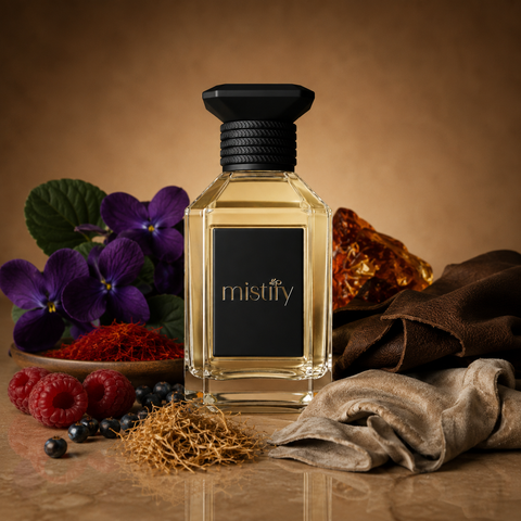 Black Saffron Noir perfume bottle by Inspired By: Black Saffron Byredo, sleek black glass with silver accents, elegant and modern design.