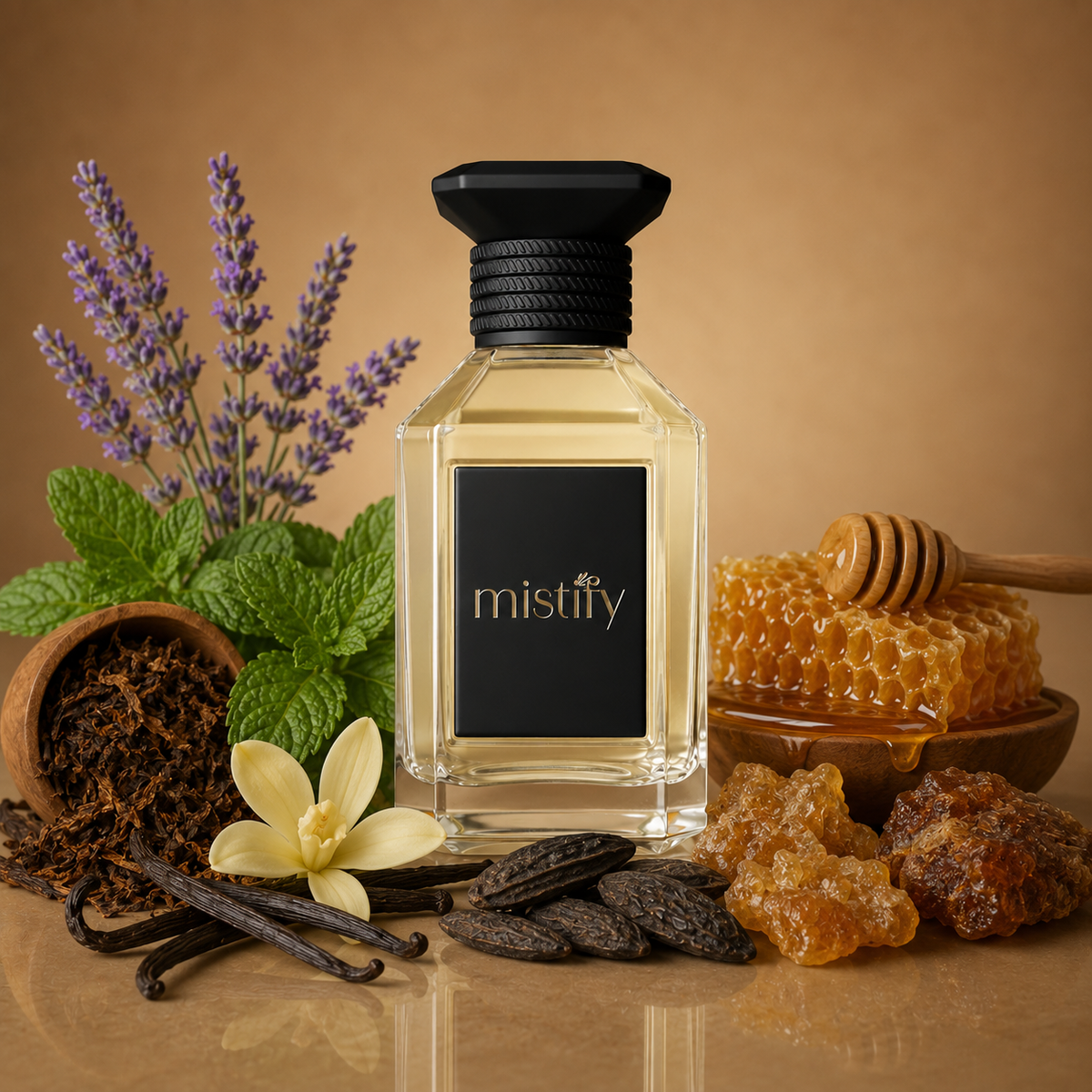 Bottle of Le Miel Elixir by Jean Paul Gaultier Inspiration: Le Male Elixir, featuring a sleek design and honey-colored liquid inside.