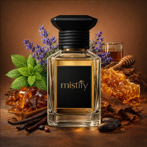 A bottle of Le Miel Elixir fragrance by Jean Paul Gaultier with a sleek, gold and black design and a honeycomb motif.