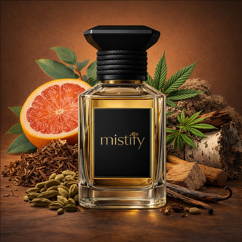 A bottle of Soul Smoke perfume by Inspired By: Smoke for the Soul by Kilian, with smoky and elegant fragrance design on the label