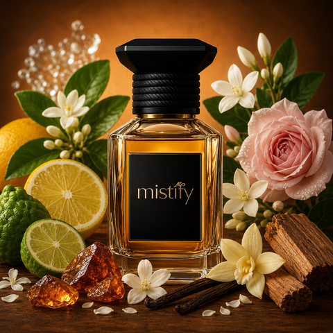 Elegant bottle of Musc Étoile perfume by Giorgio Armani Privé, featuring a sleek design and soft, luminous accents.
