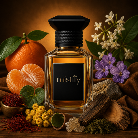 Bottle of Inspiration Ganymede mineral suede fragrance by Marc-Antoine Barrois displayed in a sleek glass bottle with a textured suede cap.